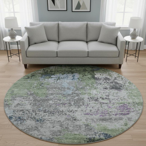 8' Fern Green Gray And Ivory Abstract Washable Round Rug With UV Protection