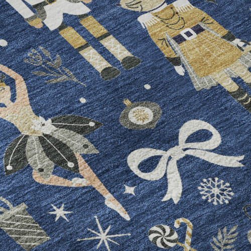 8' X 10' Navy Blue Gold And Gray Floral Washable Area Rug With UV Protection