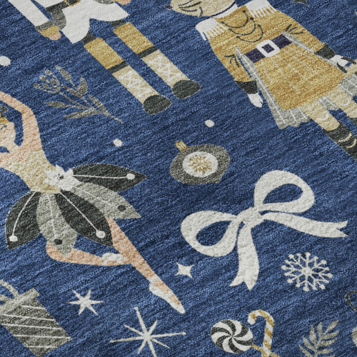 8' X 10' Navy Blue Gold And Gray Floral Washable Area Rug With UV Protection