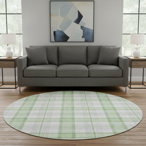 8' Mint Green Ivory And Gray Plaid Washable Round Rug With UV Protection