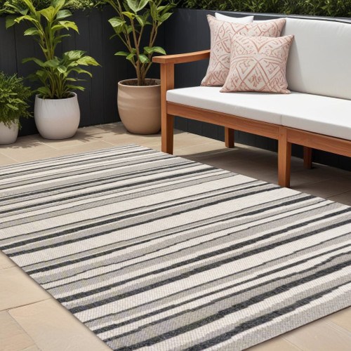 8' X 10' Cream And Dark Gray Striped Indoor Outdoor Area Rug