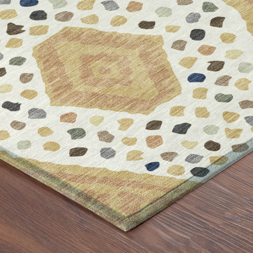 8' Gold And Ivory Round Tribal Washable Indoor Outdoor Area Rug