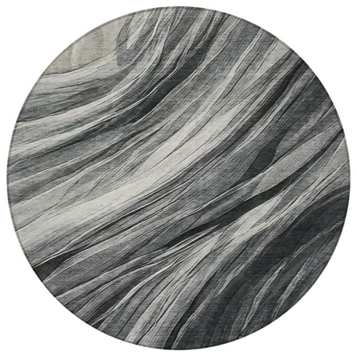 8' Gray And Graphite Round Abstract Washable Indoor Outdoor Area Rug