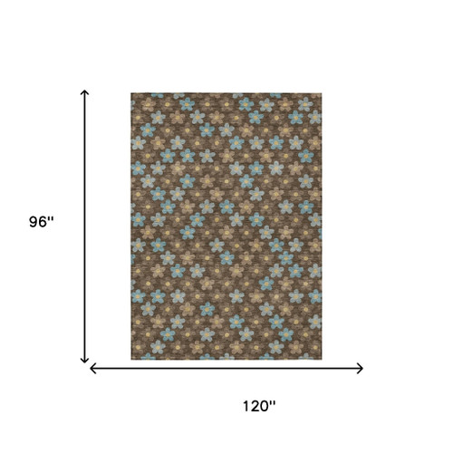 8' X 10' Chocolate And Brown Floral Washable Indoor Outdoor Area Rug