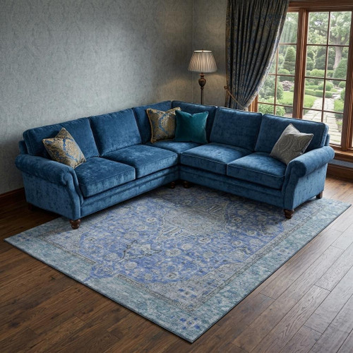 10' X 14' Blue And Gray Floral Medallion Washable Area Rug With UV Protection