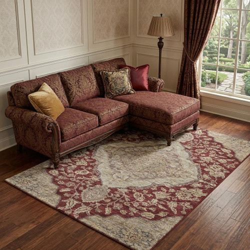 8' X 10' Burgundy Beige And Gray Floral Medallion Washable Area Rug With UV Protection