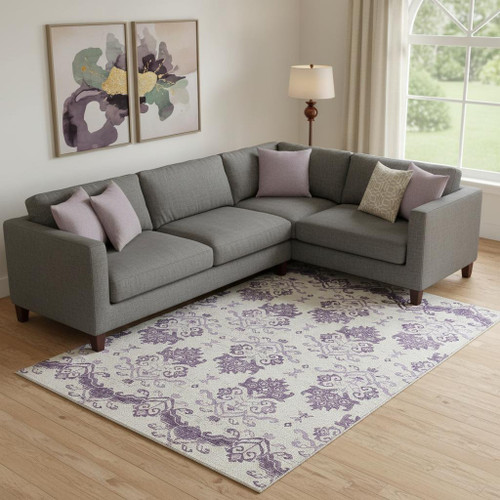 8' X 10' Purple And Ivory Medallion Washable Area Rug With UV Protection
