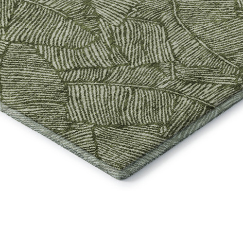 8' Olive Green And Ivory Floral Washable Round Rug With UV Protection