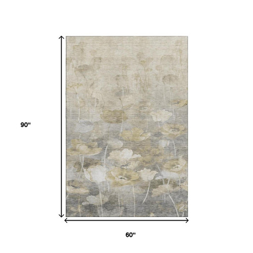 5' X 8' Beige Gray And Ivory Floral Washable Area Rug With UV Protection