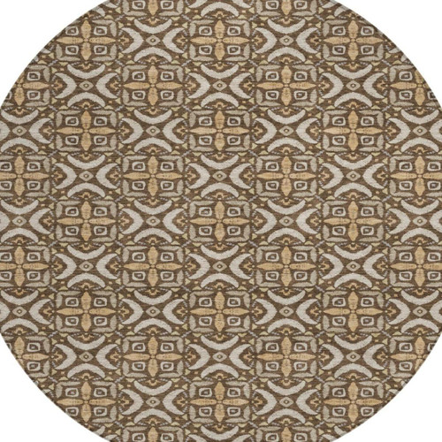 8' Chocolate And Brown Round Geometric Washable Indoor Outdoor Area Rug
