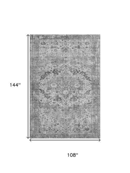 9' X 12' Gray And Silver Oriental Washable Area Rug With UV Protection