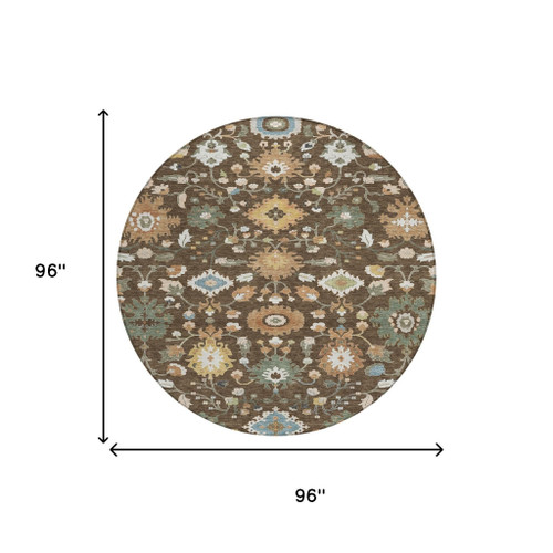 8' Chocolate And Copper Round Floral Medallion Washable Indoor Outdoor Area Rug