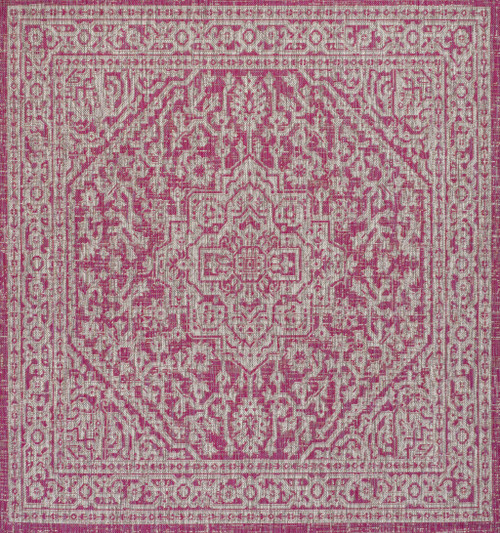 5' Fuchsia And Light Gray Square Medallion Indoor Outdoor Area Rug