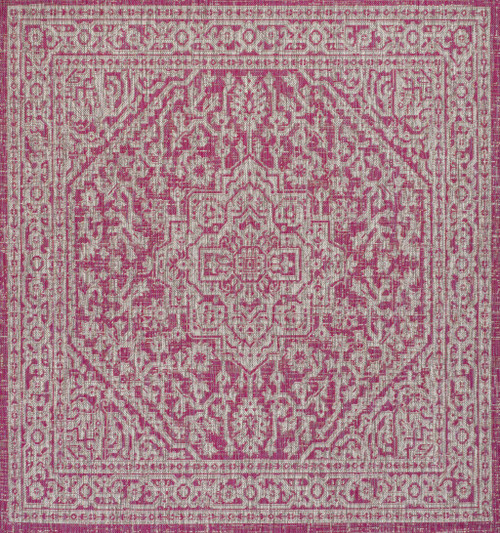 5' Fuchsia And Light Gray Square Medallion Indoor Outdoor Area Rug