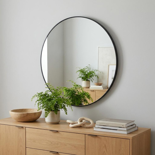 36" Black Aluminum And Metal Round Framed Accent Mirror