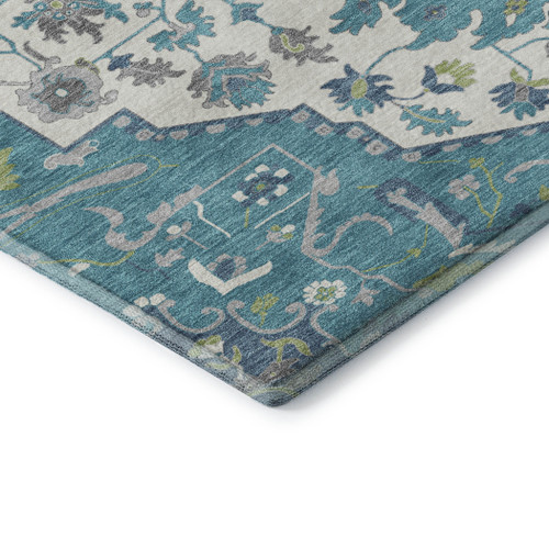 9' X 12' Teal Ivory And Green Oriental Washable Area Rug With UV Protection