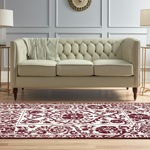 6' X 8' Beige And Maroon Tribal Washable Area Rug With UV Protection