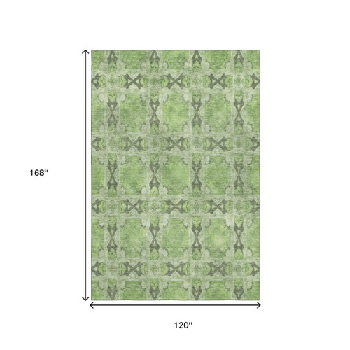 10' X 14' Green Gray And Ivory Floral Medallion Washable Area Rug With UV Protection