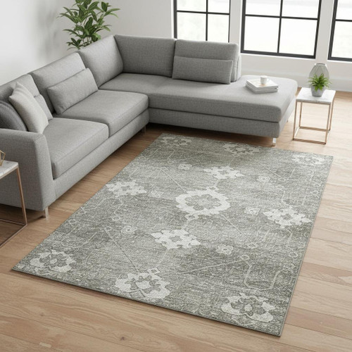 9' X 12' Olive Green And Ivory Floral Medallion Washable Area Rug With UV Protection