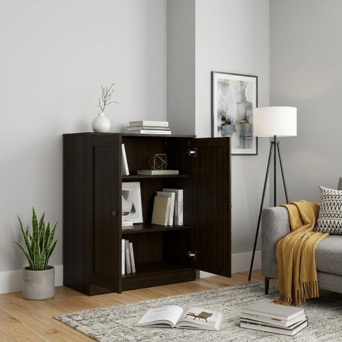 36" Espresso Solid Wood Adjustable Three Tier Library Bookcase with Two Doors