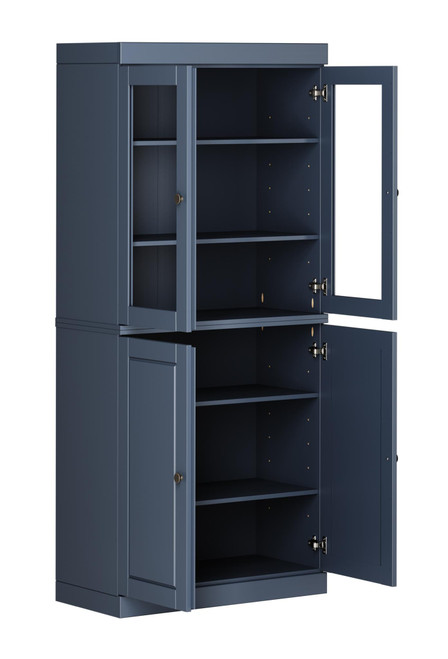 72" French Blue Solid Wood Adjustable Six Tier Library Bookcase with Four Doors
