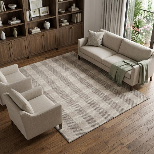 9' X 12' Beige And Ivory Plaid Washable Area Rug With UV Protection