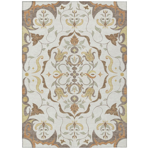 9' X 12' Ivory And Taupe Damask Washable Indoor Outdoor Area Rug