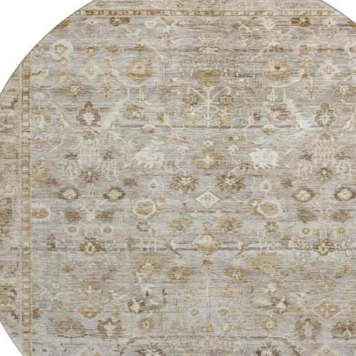 8' Taupe And Beige Oriental Washable Round Rug With UV Protection