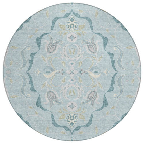 8' Sky Blue And Blue Round Damask Washable Indoor Outdoor Area Rug