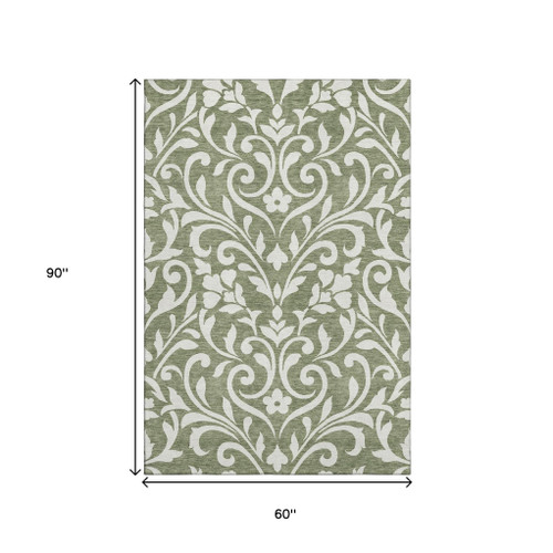 5' X 8' Fern Green And Beige Floral Washable Area Rug With UV Protection