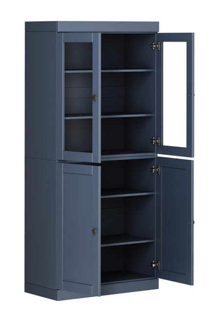 72" French Blue Solid Wood Adjustable Six Tier Library Bookcase with Four Doors
