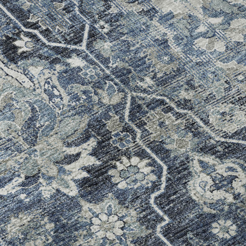 8' Blue And Ivory Floral Medallion Distressed Washable Round Rug With UV Protection
