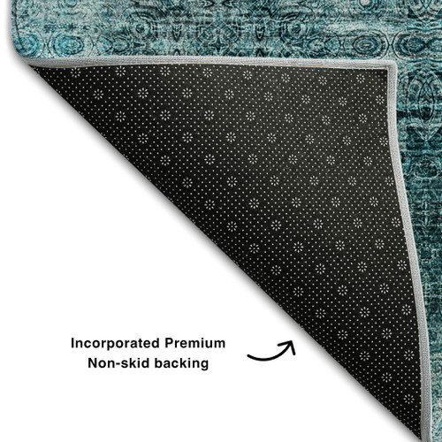 8' Teal And Ivory Floral Medallion Distressed Washable Round Rug With UV Protection