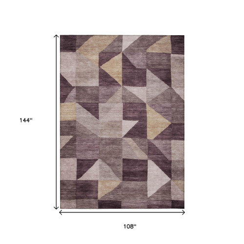 9' X 12' Plum And Wheat Geometric Washable Indoor Outdoor Area Rug