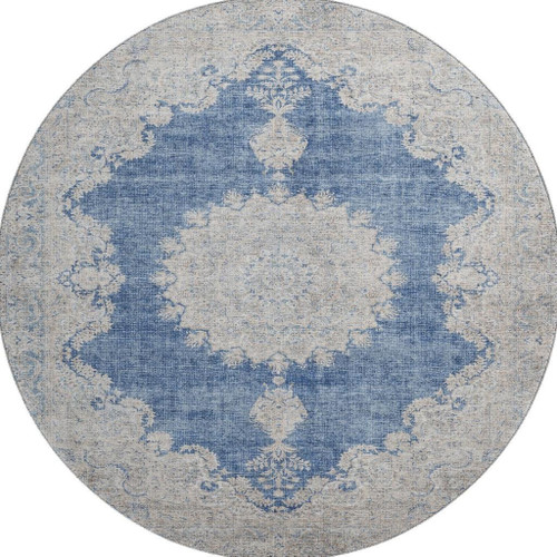 8' Navy Blue Gray And Ivory Oriental Washable Round Rug With UV Protection