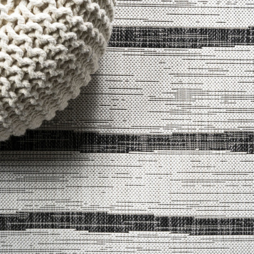 9' Ivory And Black Round Striped Indoor Outdoor Area Rug