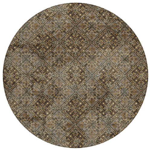 8' Chocolate And Gray Round Geometric Washable Indoor Outdoor Area Rug
