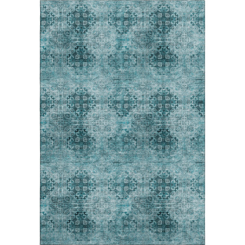 5' X 8' Teal And Ivory Floral Medallion Distressed Washable Area Rug With UV Protection