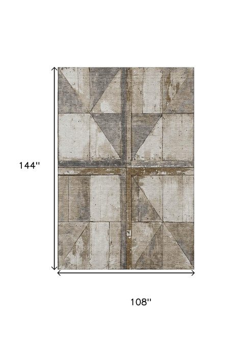 9' X 12' Beige And Gray Geometric Washable Area Rug With UV Protection