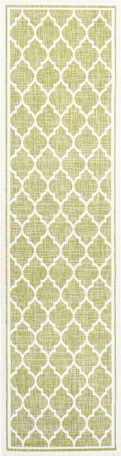 10' Green And Cream Geometric Indoor Outdoor Runner Rug