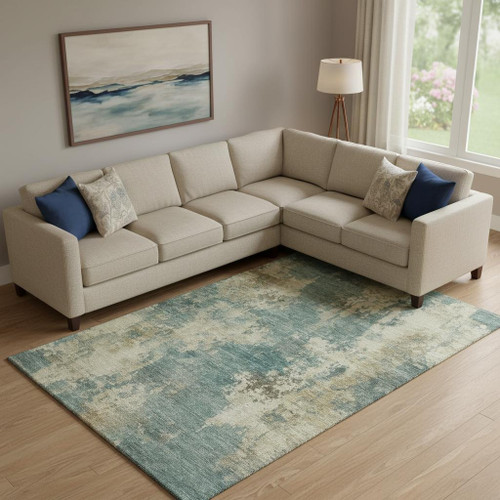 9' X 12' Teal And Beige Abstract Washable Area Rug With UV Protection
