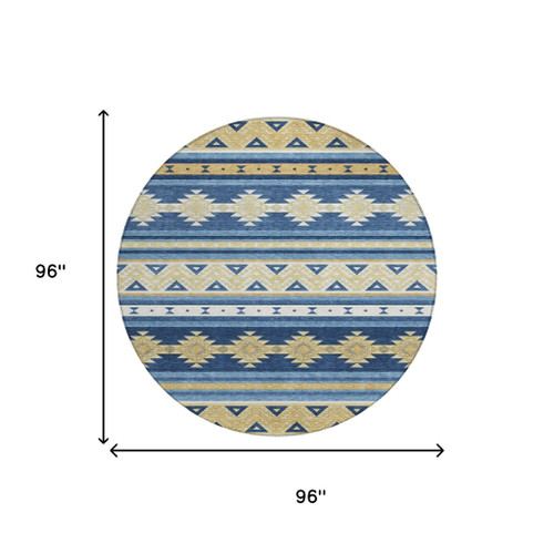 8' Navy Blue And Denim Blue Round Southwestern Washable Indoor Outdoor Area Rug