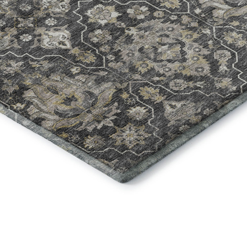 9' X 12' Graphite Ivory And Gold Floral Medallion Distressed Washable Area Rug With UV Protection