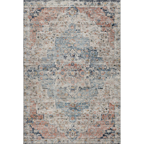 10' X 14' Beige Blue And Coral Floral Medallion Washable Area Rug With UV Protection