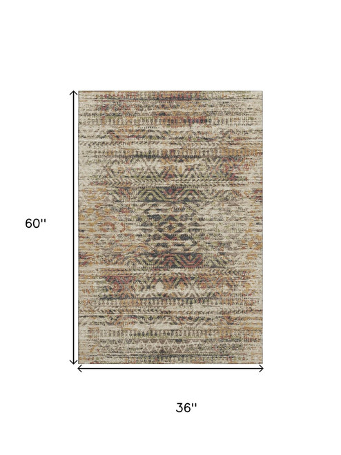3' X 5' Beige Charcoal And Copper Moroccan Washable Area Rug With UV Protection