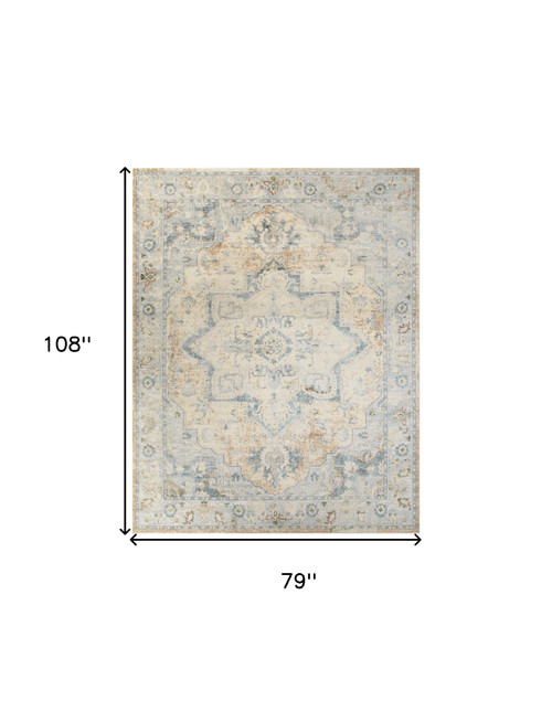 7' X 9' Beige And Blue Floral Medallion Washable Area Rug