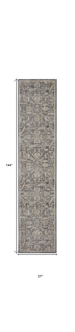 12' Navy Blue Yellow And Ivory Oriental Distressed Runner Rug With Fringe