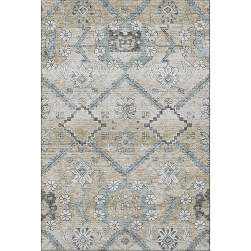 5' X 8' Beige And Gray Floral Washable Area Rug With UV Protection