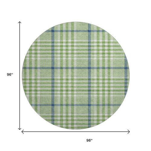8' Green Ivory And Blue Plaid Washable Round Rug With UV Protection