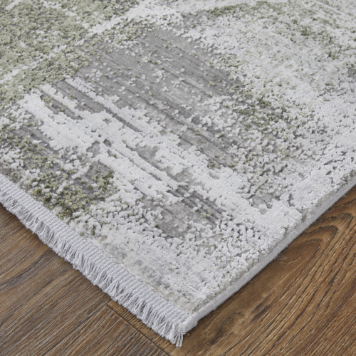 12' X 18' Gray Silver and Green Ikat Power Loom Area Rug With Fringe